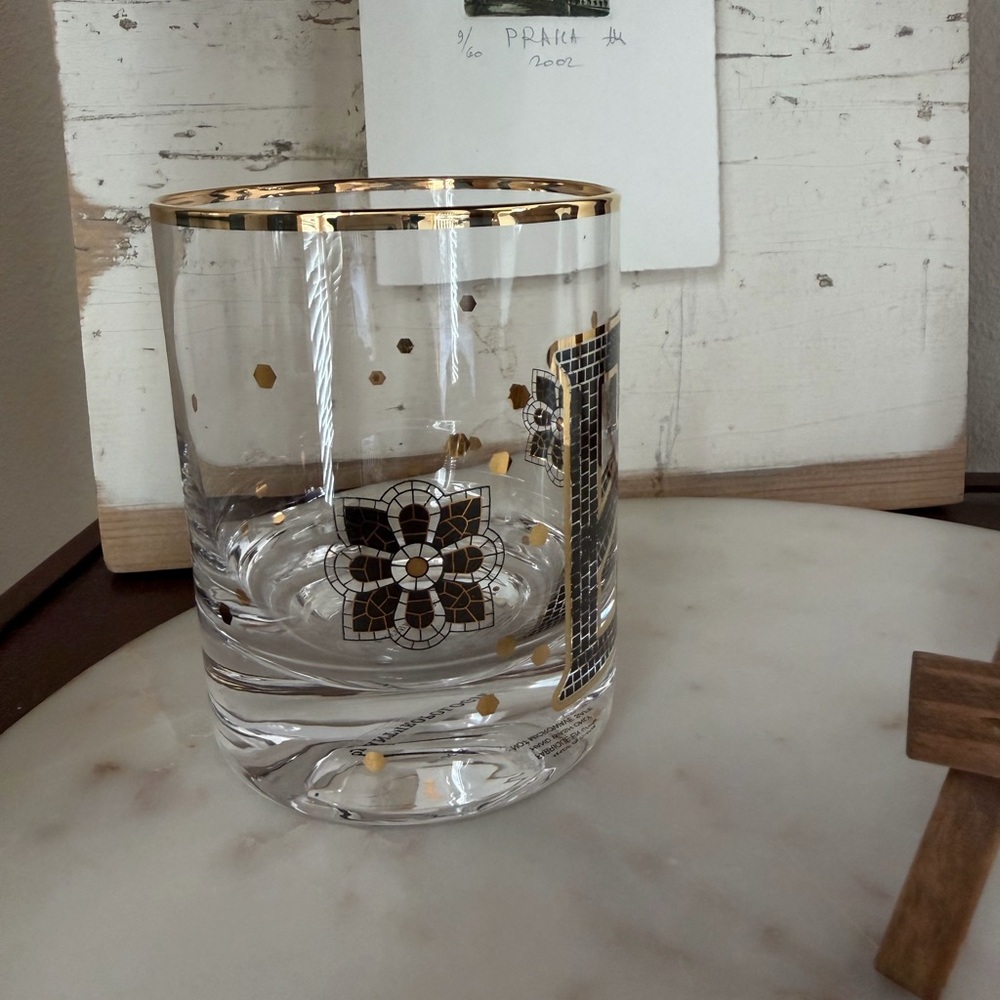 By Anthropologie Bistro Monogram E Tumbler 24K Gold Rim/Decals Old Fashioned - Picture 2 of 6